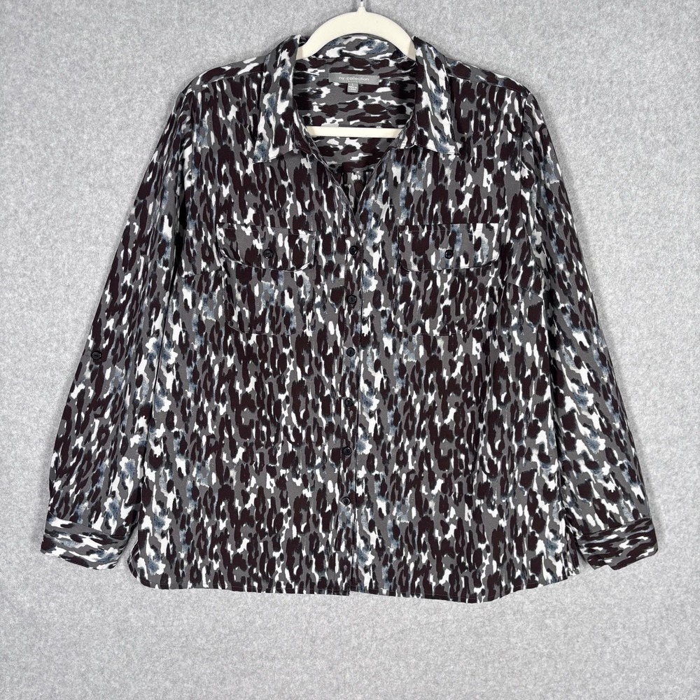 NY Collection Button Up Blouse Large Gray Animal Print Abstract Artsy Y2K‎ 90s